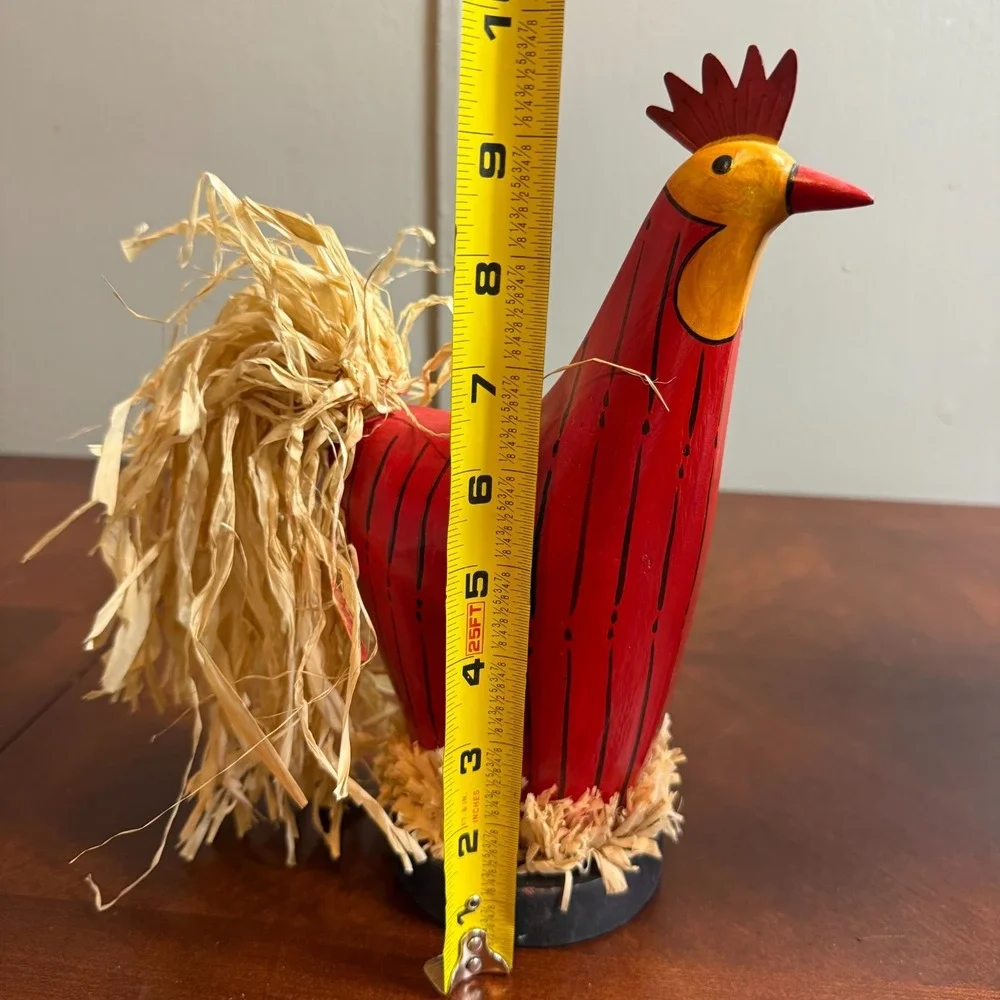 Farmhouse Rooster & Hen Wood Figurines Raffia Tail Rustic Kitchen‎ Decor